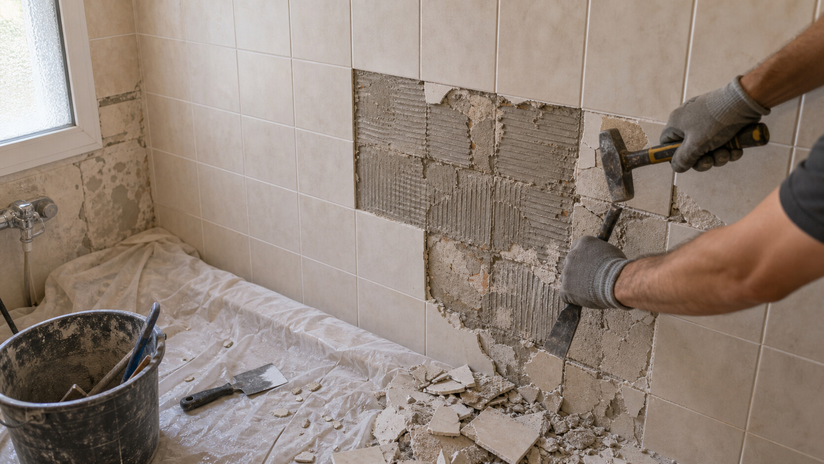 Ancienne faïence de salle de bain en cours de dépose