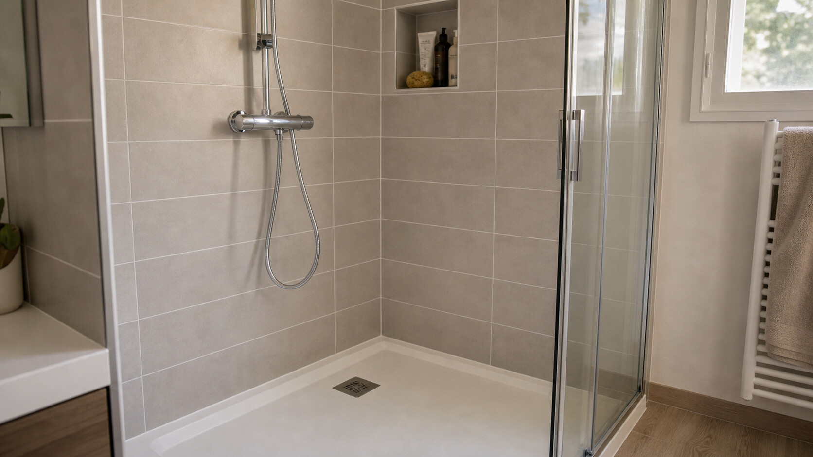 Paroi de douche carrelée avec angles, receveur et robinetterie visibles