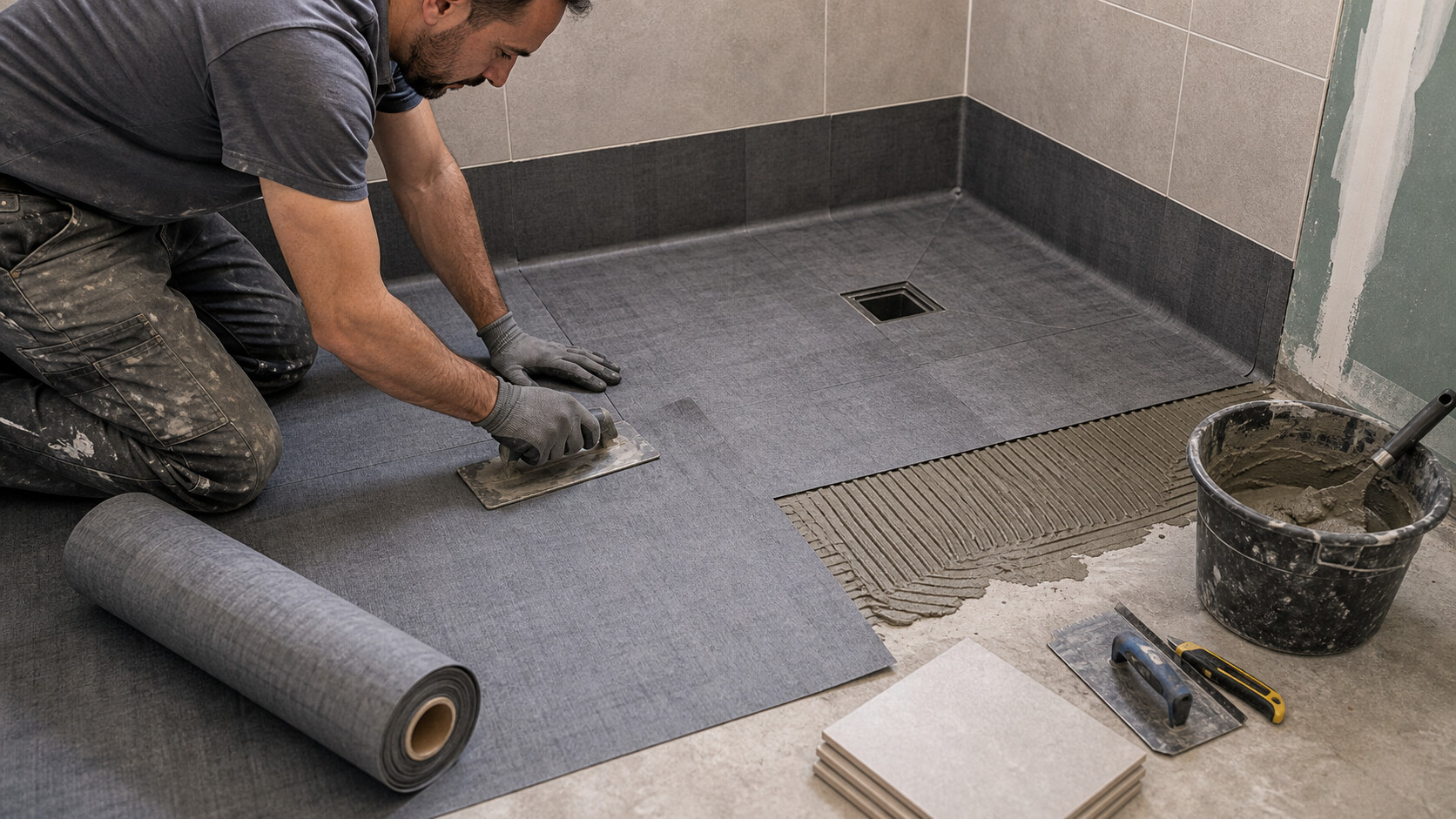 Natte d'étanchéité posée sous un futur carrelage de douche
